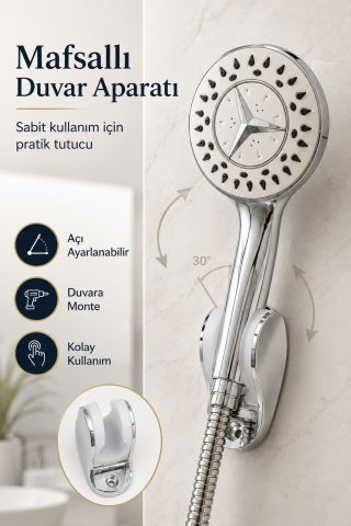 3 Fonksiyonlu Mafsallı Duş Başlığı Seti 150 Cm Hortumlu Duvara Montaj Aparatlı Krom El Duşu 3lü Set