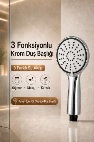 3 Fonksiyonlu Krom Duş Başlığı Yağmur Masaj Karışık Akışlı Standart 1/2 İnç Bağlantılı