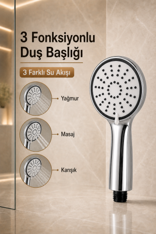3 Fonksiyonlu Krom Duş Başlığı Yağmur Masaj Karışık Akışlı Standart 1/2 İnç Bağlantılı