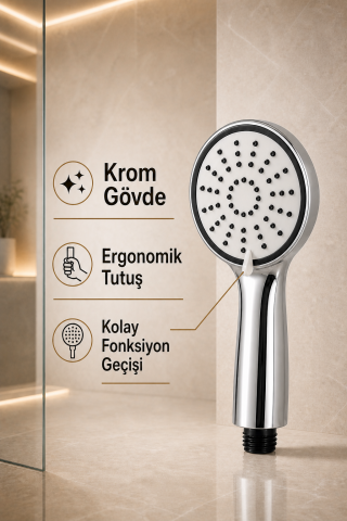 3 Fonksiyonlu Krom Duş Başlığı Yağmur Masaj Karışık Akışlı Standart 1/2 İnç Bağlantılı