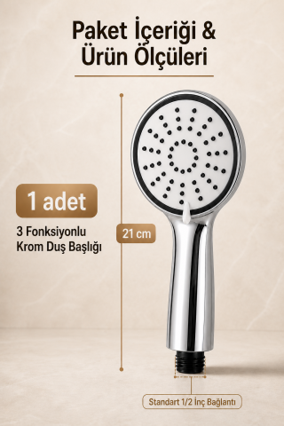 3 Fonksiyonlu Krom Duş Başlığı Yağmur Masaj Karışık Akışlı Standart 1/2 İnç Bağlantılı