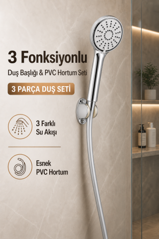 3 Fonksiyonlu Krom Duş Başlığı 150 cm Esnek Dayanıklı PVC Hortumlu Mafsallı Duvar Askılı Duş Seti