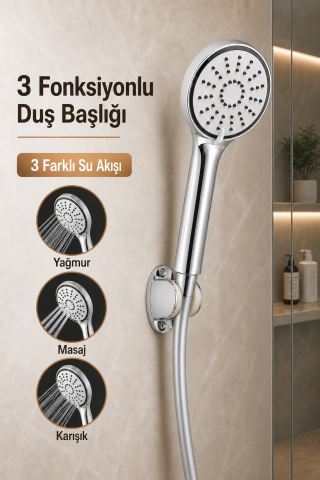 3 Fonksiyonlu Krom Duş Başlığı 150 cm Esnek Dayanıklı PVC Hortumlu Mafsallı Duvar Askılı Duş Seti