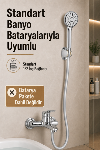 3 Fonksiyonlu Krom Duş Başlığı 150 cm Esnek Dayanıklı PVC Hortumlu Mafsallı Duvar Askılı Duş Seti