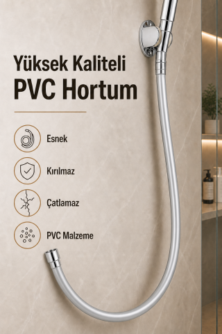 3 Fonksiyonlu Krom Duş Başlığı 150 cm Esnek Dayanıklı PVC Hortumlu Mafsallı Duvar Askılı Duş Seti