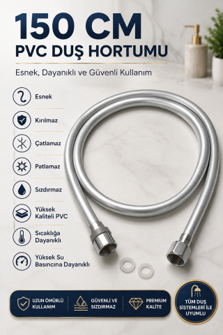Gümüş PVC Duş Hortumu 150 cm Dolanmaz 360° Döner Başlıklı Yüksek Basınçlı inox Banyo Spirali