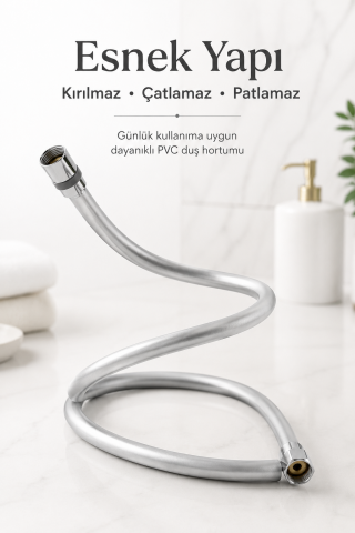 Gümüş PVC Duş Hortumu 150 cm Dolanmaz 360° Döner Başlıklı Yüksek Basınçlı inox Banyo Spirali
