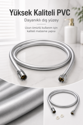 Gümüş PVC Duş Hortumu 150 cm Dolanmaz 360° Döner Başlıklı Yüksek Basınçlı inox Banyo Spirali