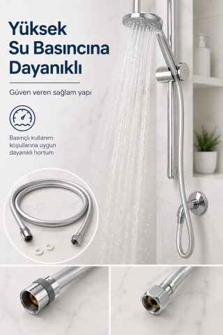 Gümüş PVC Duş Hortumu 150 cm Dolanmaz 360° Döner Başlıklı Yüksek Basınçlı inox Banyo Spirali
