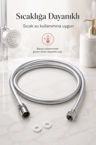 Gümüş PVC Duş Hortumu 150 cm Dolanmaz 360° Döner Başlıklı Yüksek Basınçlı inox Banyo Spirali