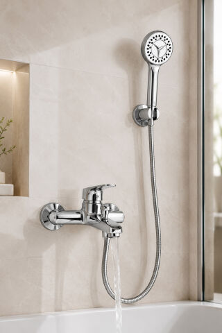 Krom Banyo Bataryası Duş Seti Mafsallı El Duşu Sıcak Soğuk Mix Musluk ve Duş Başlığı Set