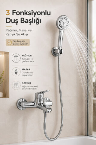 Krom Banyo Bataryası Duş Seti Mafsallı El Duşu Sıcak Soğuk Mix Musluk ve Duş Başlığı Set