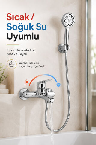 Krom Banyo Bataryası Duş Seti Mafsallı El Duşu Sıcak Soğuk Mix Musluk ve Duş Başlığı Set