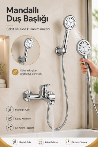 Krom Banyo Bataryası Duş Seti Mafsallı El Duşu Sıcak Soğuk Mix Musluk ve Duş Başlığı Set