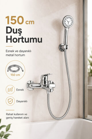 Krom Banyo Bataryası Duş Seti Mafsallı El Duşu Sıcak Soğuk Mix Musluk ve Duş Başlığı Set