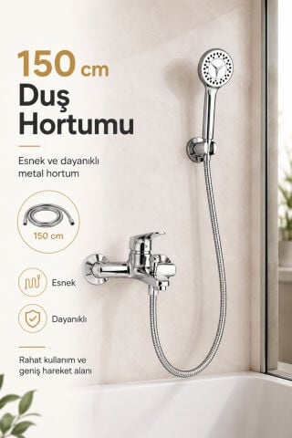 Krom Banyo Bataryası Duş Seti Mafsallı El Duşu Sıcak Soğuk Mix Musluk ve Duş Başlığı Set