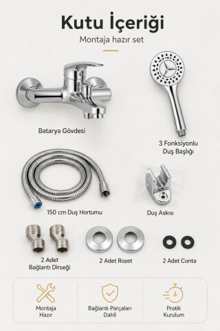 Krom Banyo Bataryası Duş Seti Mafsallı El Duşu Sıcak Soğuk Mix Musluk ve Duş Başlığı Set