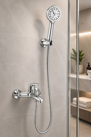 Krom Banyo Bataryası Duş Seti Mafsallı El Duşu Sıcak Soğuk Mix Musluk ve Duş Başlığı Set