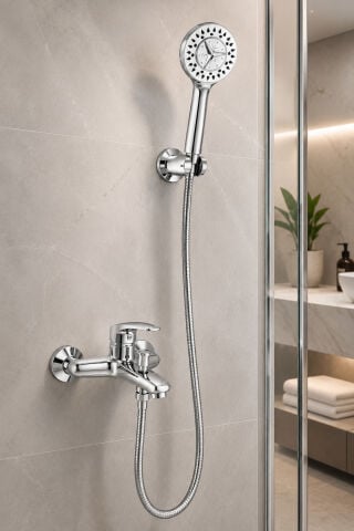 Krom Banyo Bataryası Duş Seti Mafsallı El Duşu Sıcak Soğuk Mix Musluk ve Duş Başlığı Set
