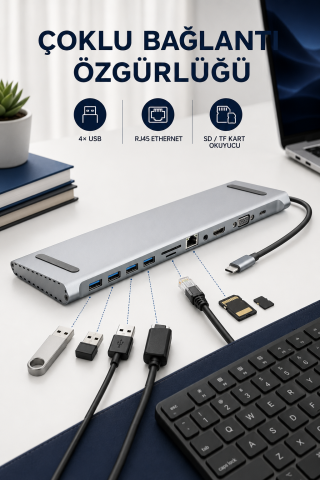11in1 Çoklayıcı Type-C 3.1 To 4K Hdmi Vga Usb-C Ethernet USB Çoklayıcı SD Kart Okuyucu Çevirici Hub