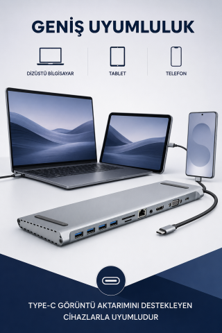 11in1 Çoklayıcı Type-C 3.1 To 4K Hdmi Vga Usb-C Ethernet USB Çoklayıcı SD Kart Okuyucu Çevirici Hub