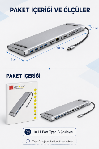 11in1 Çoklayıcı Type-C 3.1 To 4K Hdmi Vga Usb-C Ethernet USB Çoklayıcı SD Kart Okuyucu Çevirici Hub