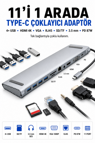 11in1 Çoklayıcı Type-C 3.1 To 4K Hdmi Vga Usb-C Ethernet USB Çoklayıcı SD Kart Okuyucu Çevirici Hub