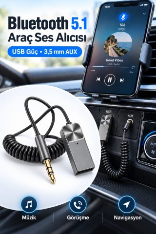 Bluetooth 5.1 Alıcı Usb Aux 3.5 mm Çok Fonksiyonlu Kablosuz Araç Kiti Telefon Konuşma Müzik Dinleme