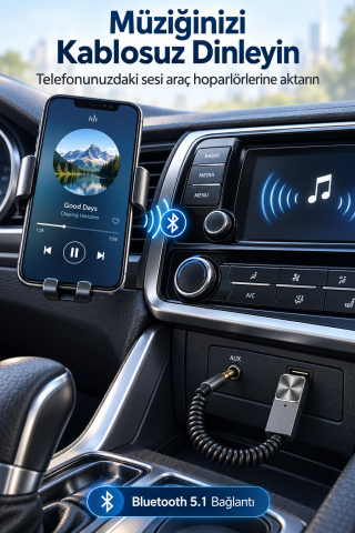 Bluetooth 5.1 Alıcı Usb Aux 3.5 mm Çok Fonksiyonlu Kablosuz Araç Kiti Telefon Konuşma Müzik Dinleme