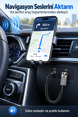 Bluetooth 5.1 Alıcı Usb Aux 3.5 mm Çok Fonksiyonlu Kablosuz Araç Kiti Telefon Konuşma Müzik Dinleme