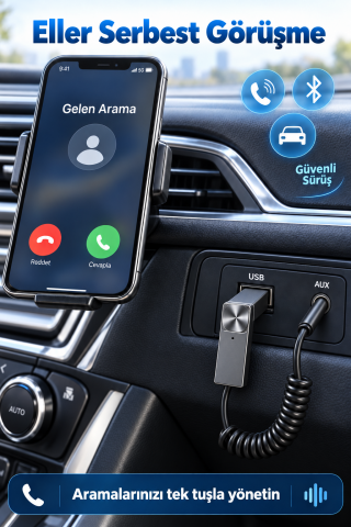 Bluetooth 5.1 Alıcı Usb Aux 3.5 mm Çok Fonksiyonlu Kablosuz Araç Kiti Telefon Konuşma Müzik Dinleme
