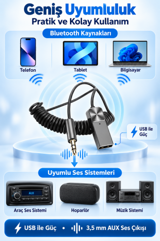 Bluetooth 5.1 Alıcı Usb Aux 3.5 mm Çok Fonksiyonlu Kablosuz Araç Kiti Telefon Konuşma Müzik Dinleme
