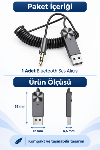 Bluetooth 5.1 Alıcı Usb Aux 3.5 mm Çok Fonksiyonlu Kablosuz Araç Kiti Telefon Konuşma Müzik Dinleme