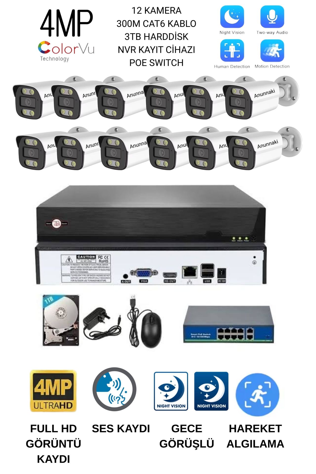 12'li ip Kamera Seti (Montaj Dahil) 4Mp 3Tb - Full HD - Gece Görüşlü - Hareket Algılamalı
