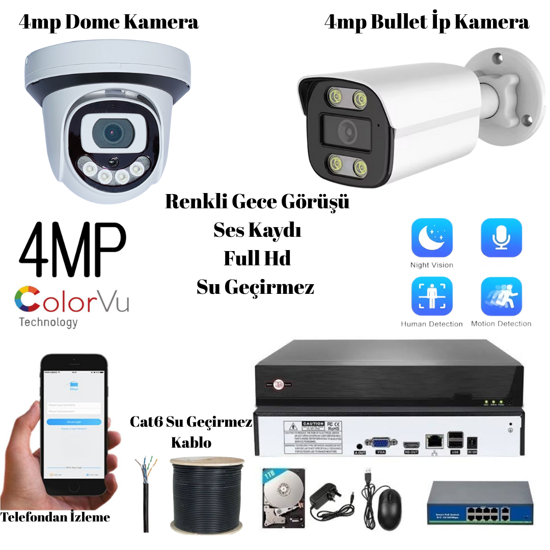 4Mp İp Kamera Seti 4’lü 6’lı 8’li 12’li Kamera Sistemi Full HD - Gece Görüşlü - Hareket Algılamalı