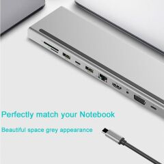 11 in 1 Type-c Hub Çoklayıcı Hdmi Vga Rj45 Ethernet Typec PD Dönüştürücü Adaptör Pc Laptop