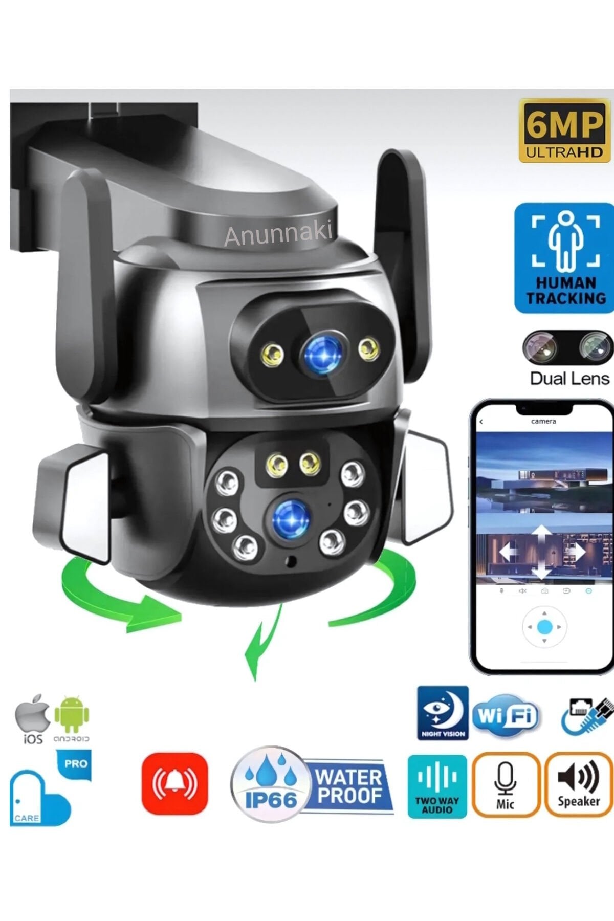Çift Kameralı Wifi IP Kamera 360° Hareketli WiFi İç-Dış Mekan Ptz Ses Kayıtlı Güvenlik Kamerası