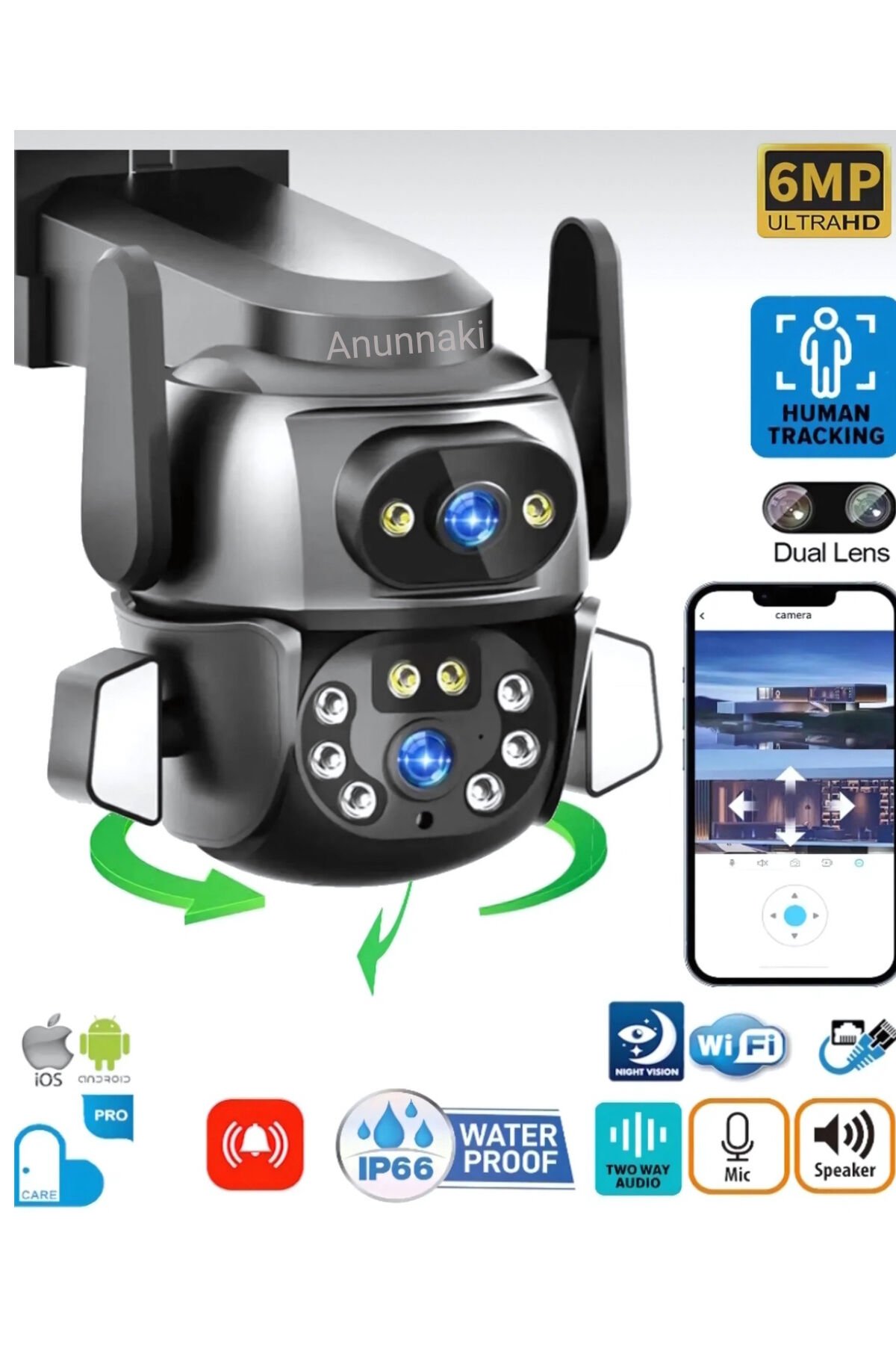 Çift Kameralı Wifi IP Kamera 360° Hareketli WiFi İç-Dış Mekan Ptz Ses Kayıtlı Güvenlik Kamerası