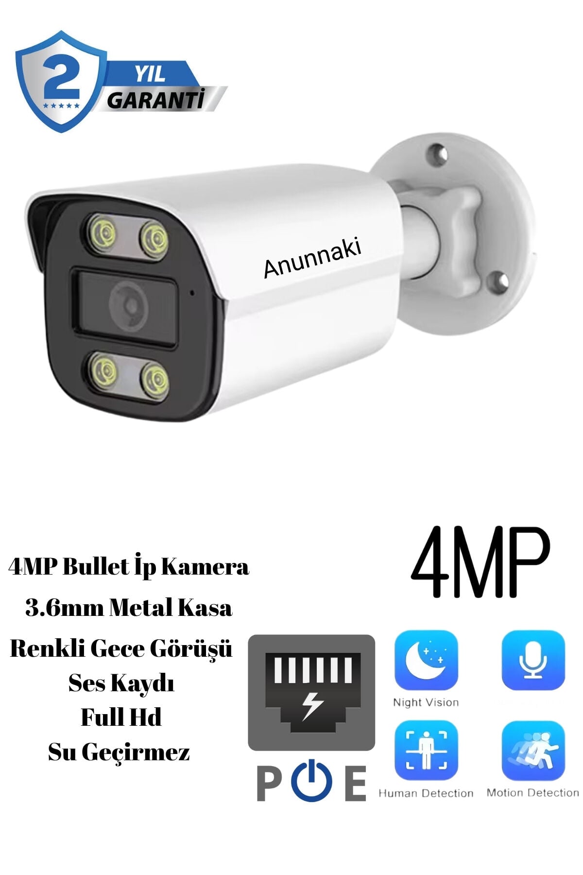 4mp IP Kamera Metal Kasa 3.6mm Ses Kayıt Gece Görüşü İç ve Dış Mekan Su Geçirmez Onvif