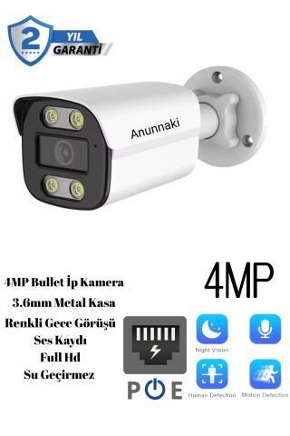 4mp IP Kamera Metal Kasa 3.6mm Ses Kayıt Gece Görüşü İç ve Dış Mekan Su Geçirmez Onvif