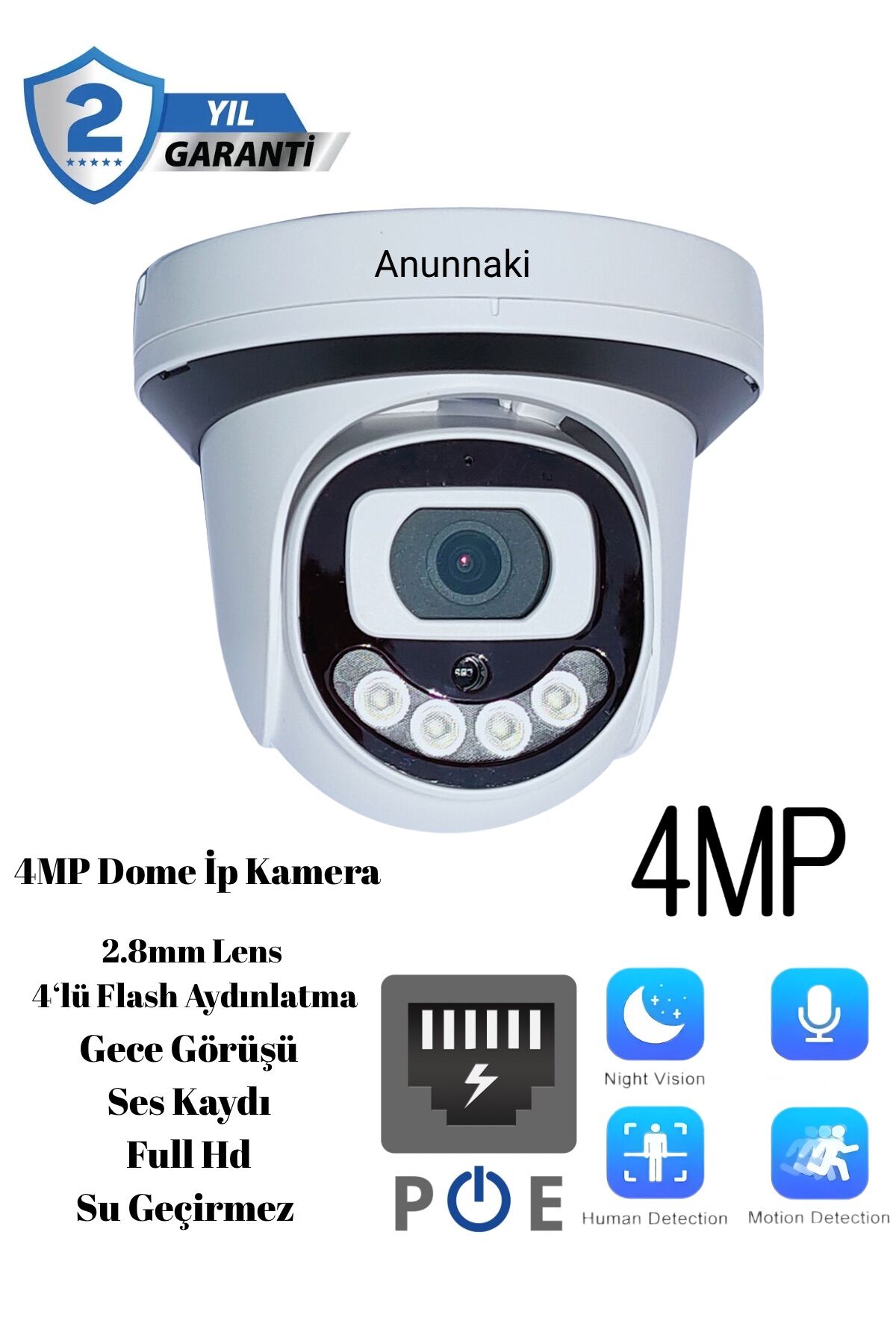 4Mp 4k Dome IP Kamera 2.8mm Geniş Açılı Gece Görüşlü Mikrofonlu Ses Kayıtlı Onvif Led Aydınlatmalı