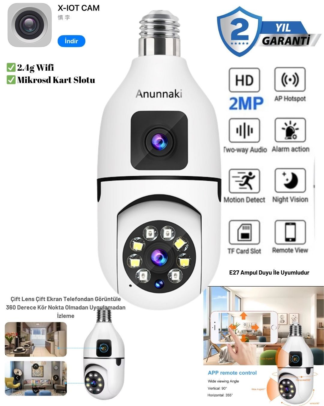 Çift Lens IP Ampul Kamera Hareketli Gece Görüş Ses Kayıtlı Wİ-Fİ Güvenlik Kamerası