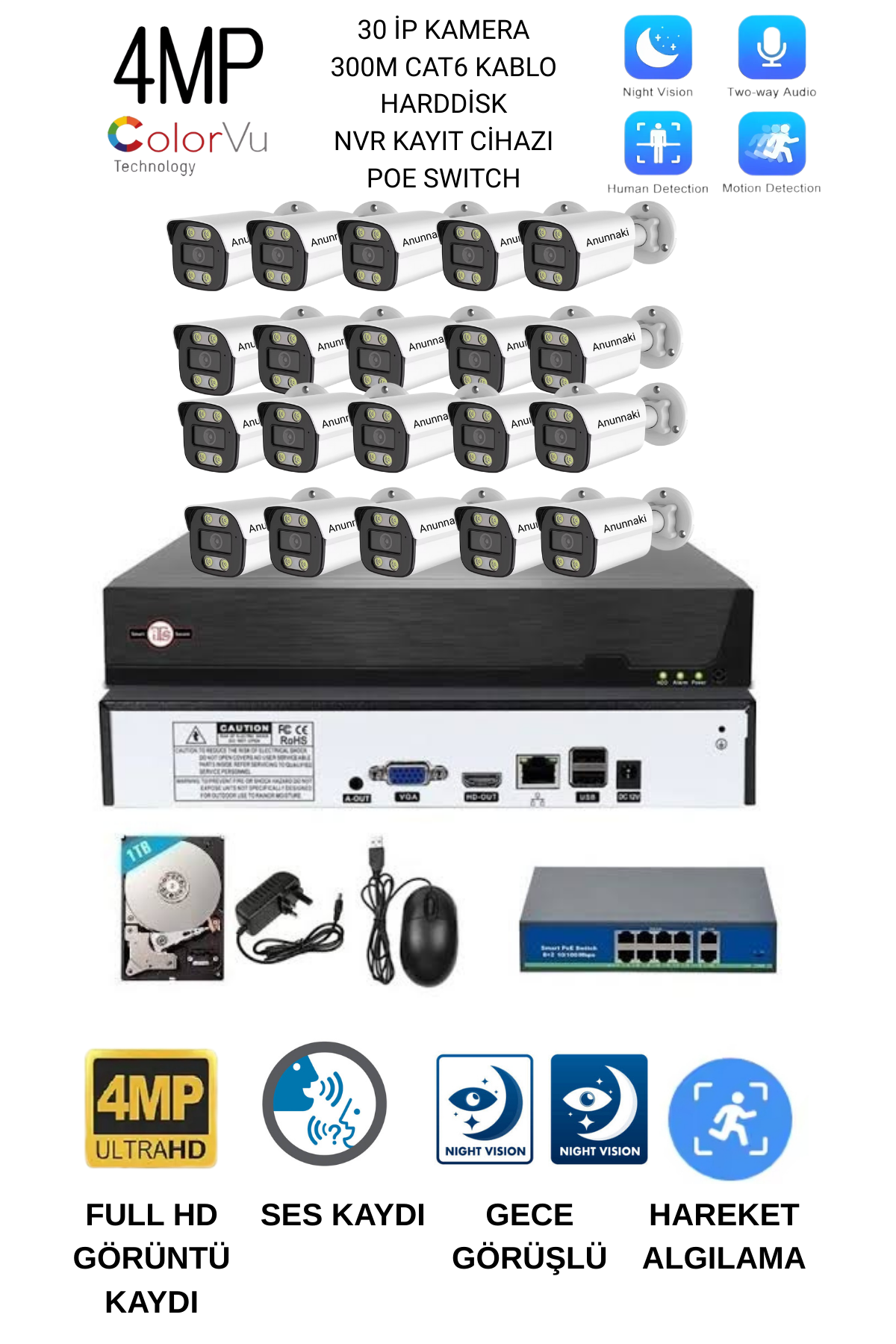 30'lu Ses Kayıtlı Gece Görüşlü İç Dış Mekan Ip Kamera Sistemi Full Set