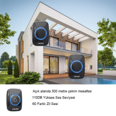 Kablosuz Uzaktan Kumandalı Tekli Buton LED Kapı Zili Melodili