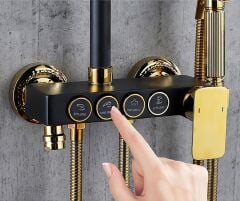 4 Yollu Yağmurlama Tepe Duş Seti Basınçlı Fıskiyeli Siyah Gold Büyük Robot  Duş Başlığı Seti Sistemi