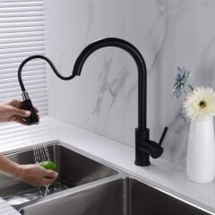 Siyah Lavabo Mutfak Musluğu Aşağı Çekilebilir Püskürtmeli Paslanmaz Çelik Tek Kulplu Musluk
