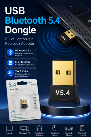 USB Bluetooth Dongle Pc Laptop Kablosuz Bluetooth 5.4 Adaptör V5.4 Bluetooth Aparatı