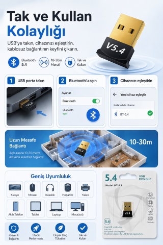 USB Bluetooth Dongle Pc Laptop Kablosuz Bluetooth 5.4 Adaptör V5.4 Bluetooth Aparatı