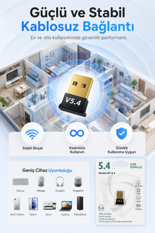 USB Bluetooth Dongle Pc Laptop Kablosuz Bluetooth 5.4 Adaptör V5.4 Bluetooth Aparatı