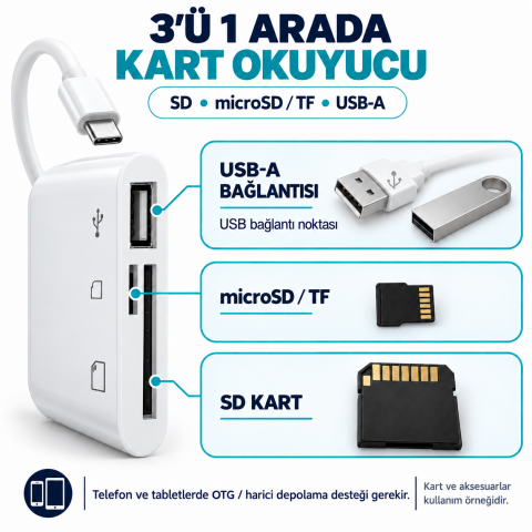 Usb Type C To SD Micro SD TF Kart Okuyucu ve USB Çevirici 3 in 1 Dönüştürücü Adaptör 5232